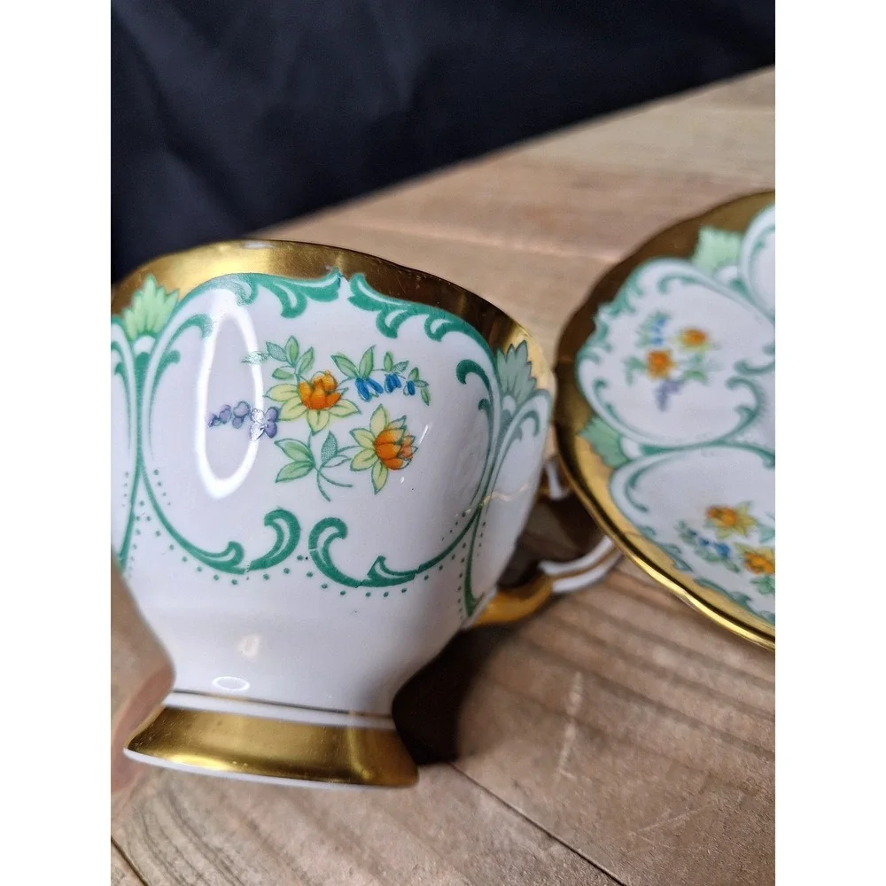 Vintage Tuscon Floral Bone China‎ Teacup & Saucer Set Gold Gilt Green Scrollwork